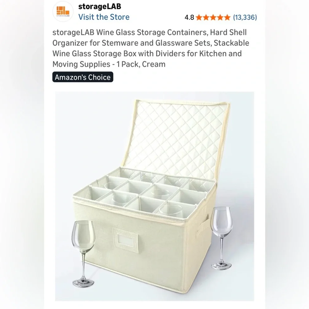 NIB StorageLAB Wine Glass Storage Containers, Hardshell, Stemware, 1 Pack, Cream